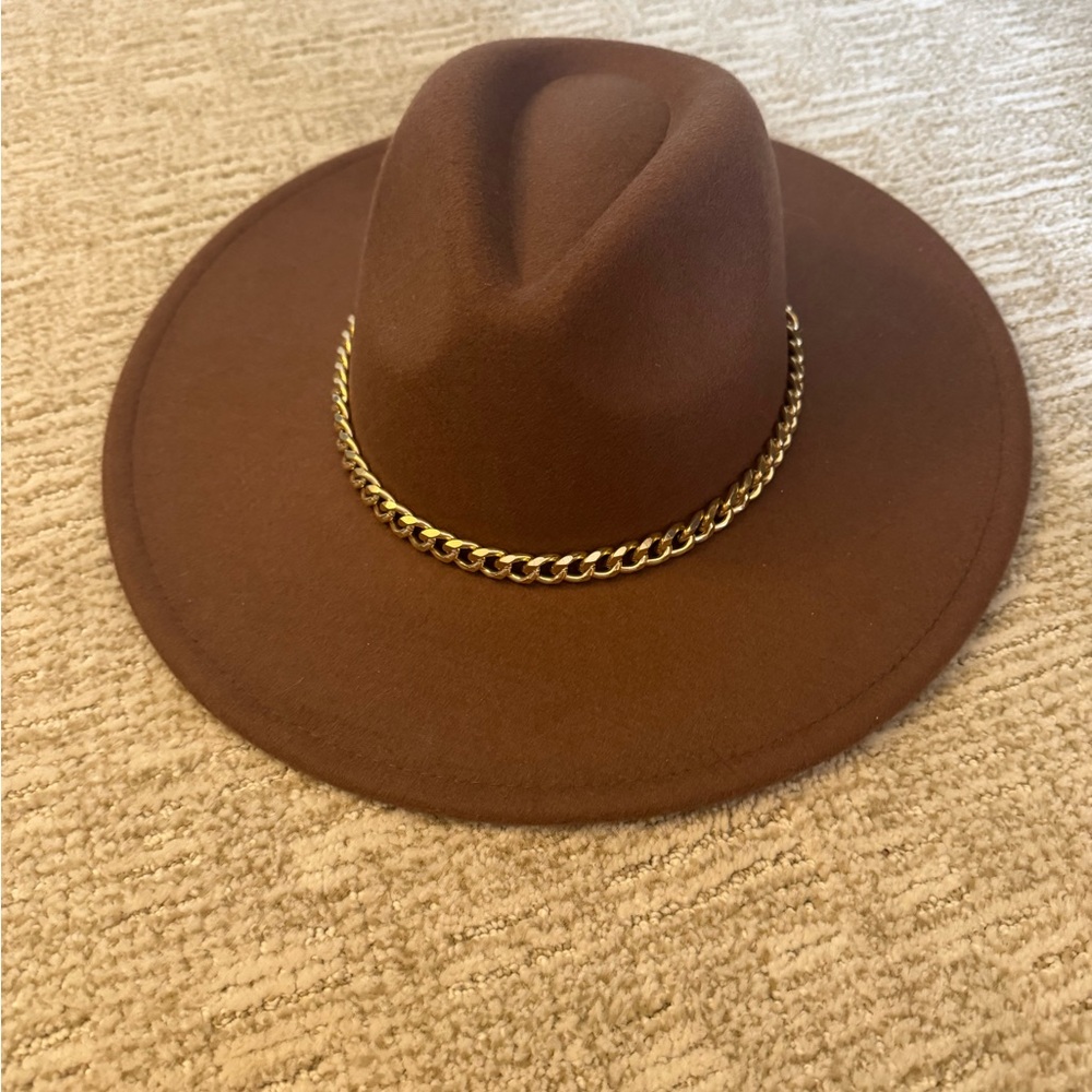 Brown Fedora Hat with Gold Chain